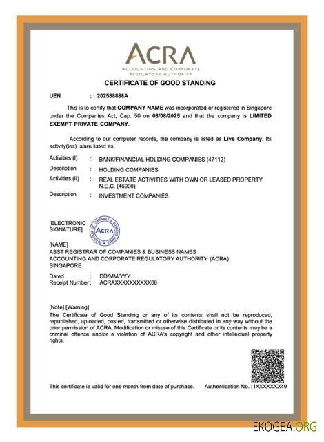 Modèle Word et PDF de certificat de bonne réputation de Singapour, version 2